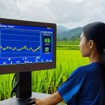 **A person connected to biofeedback sensors, looking relaxed and focused. The screen displays real-time data of their heart rate and brainwaves.  A serene Malaysian landscape (rice paddies, or a beach scene) is subtly visible in the background, suggesting the connection between inner peace and the environment.  The overall feeling should be calming and empowering.**