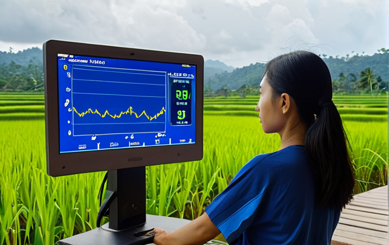 **A person connected to biofeedback sensors, looking relaxed and focused. The screen displays real-time data of their heart rate and brainwaves. A serene Malaysian landscape (rice paddies, or a beach scene) is subtly visible in the background, suggesting the connection between inner peace and the environment. The overall feeling should be calming and empowering.**